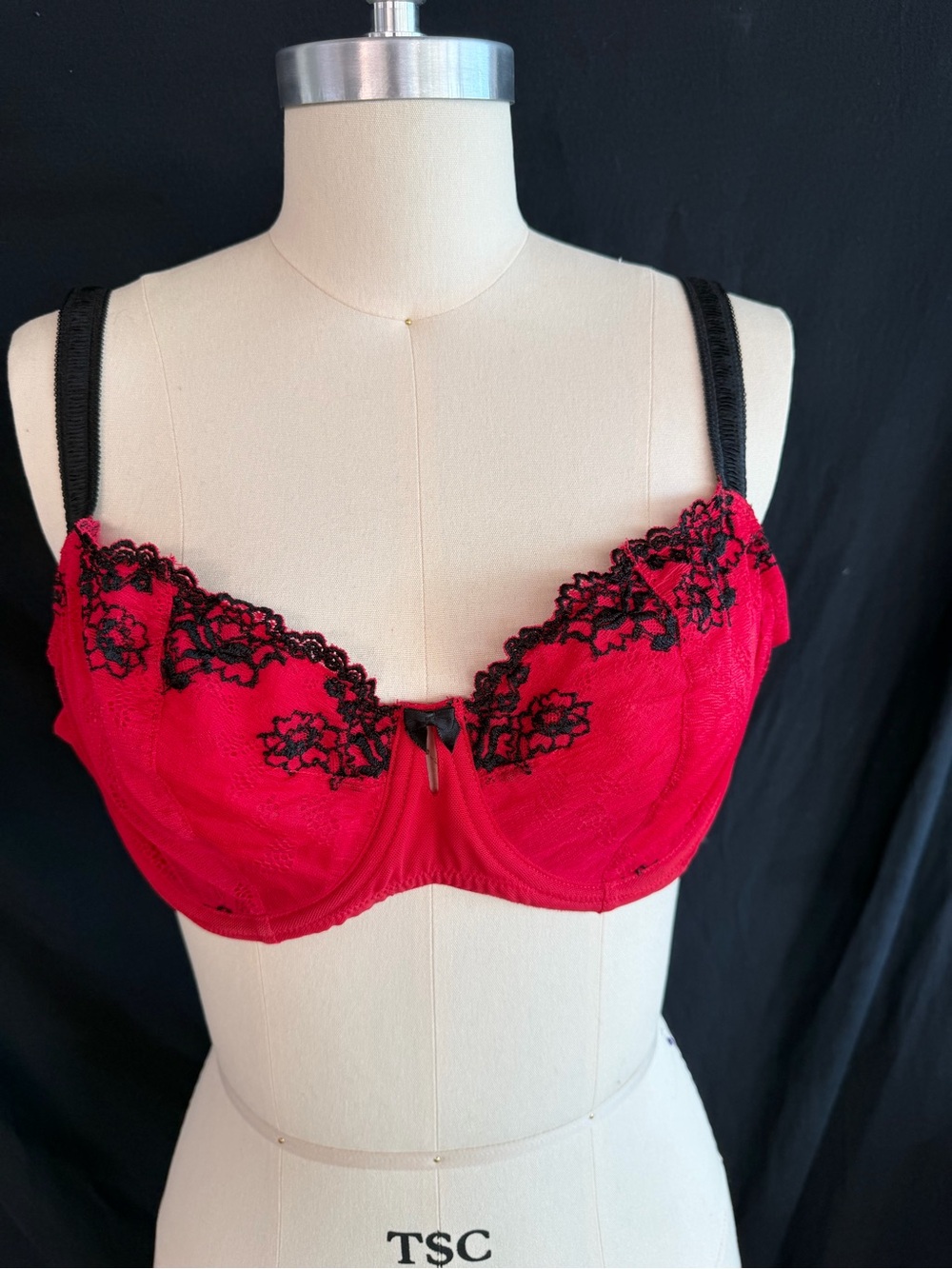 Jezebel 34DDD Red Lace Underwire Bra with Black Embroidery